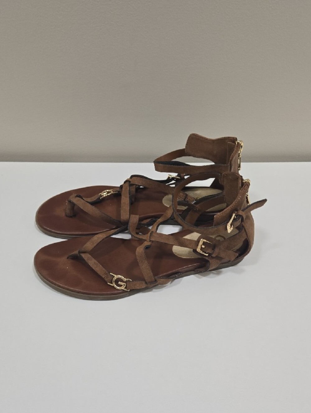 G by Guess Brown Strappy Gladiator Sandals with Gold Accent - Picture 2 of 12